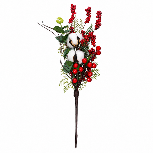 Artificial Christmas Berry & Cotton Stem Pick 40 x 15 cm | Red Berry, Cotton Boll & Greenery Holiday Floral Spray