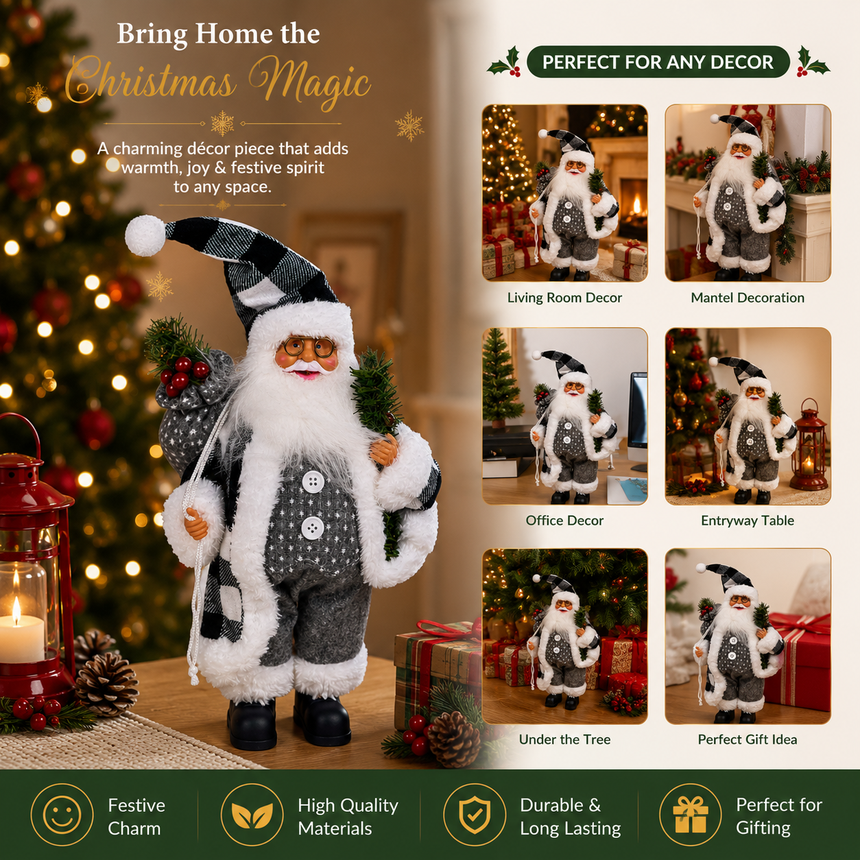 Standing Santa Claus Christmas Decoration with Plaid Hat, Gift Sack & Pine Branches – Festive Tabletop Holiday Décor