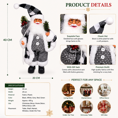 Standing Santa Claus Christmas Decoration with Plaid Hat, Gift Sack & Pine Branches – Festive Tabletop Holiday Décor