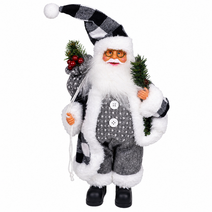 Standing Santa Claus Christmas Decoration with Plaid Hat, Gift Sack & Pine Branches – Festive Tabletop Holiday Décor