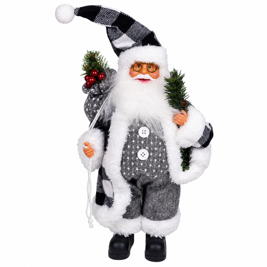 Standing Santa Claus Christmas Decoration with Plaid Hat, Gift Sack & Pine Branches – Festive Tabletop Holiday Décor