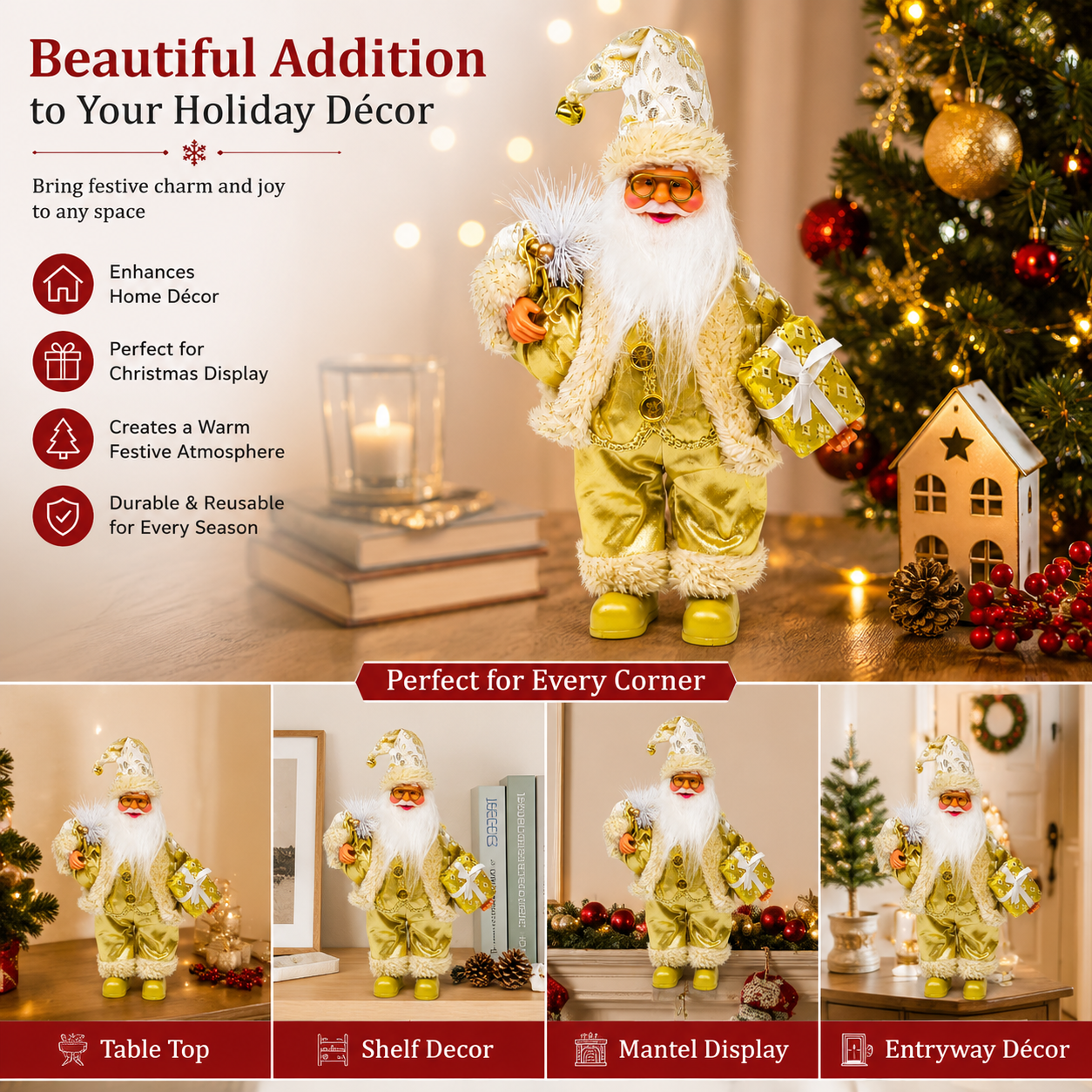 Gold Santa Claus Figurine 40cm – Standing Christmas Decoration with Gift Box & Holiday Sack