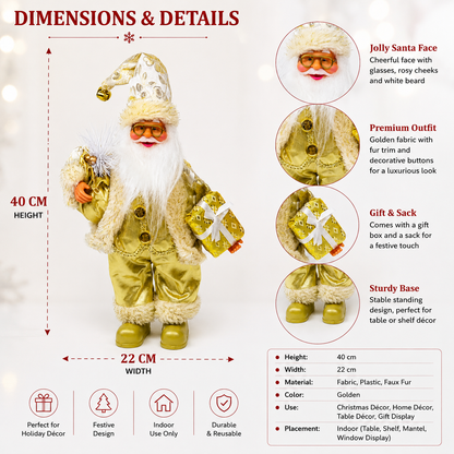 Gold Santa Claus Figurine 40cm – Standing Christmas Decoration with Gift Box & Holiday Sack