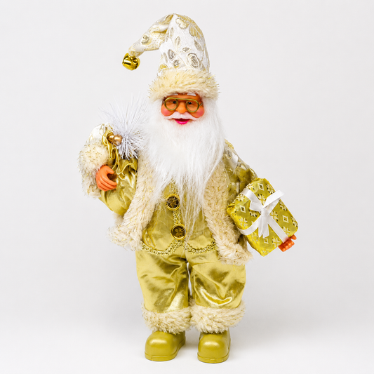 Gold Santa Claus Figurine 40cm – Standing Christmas Decoration with Gift Box & Holiday Sack