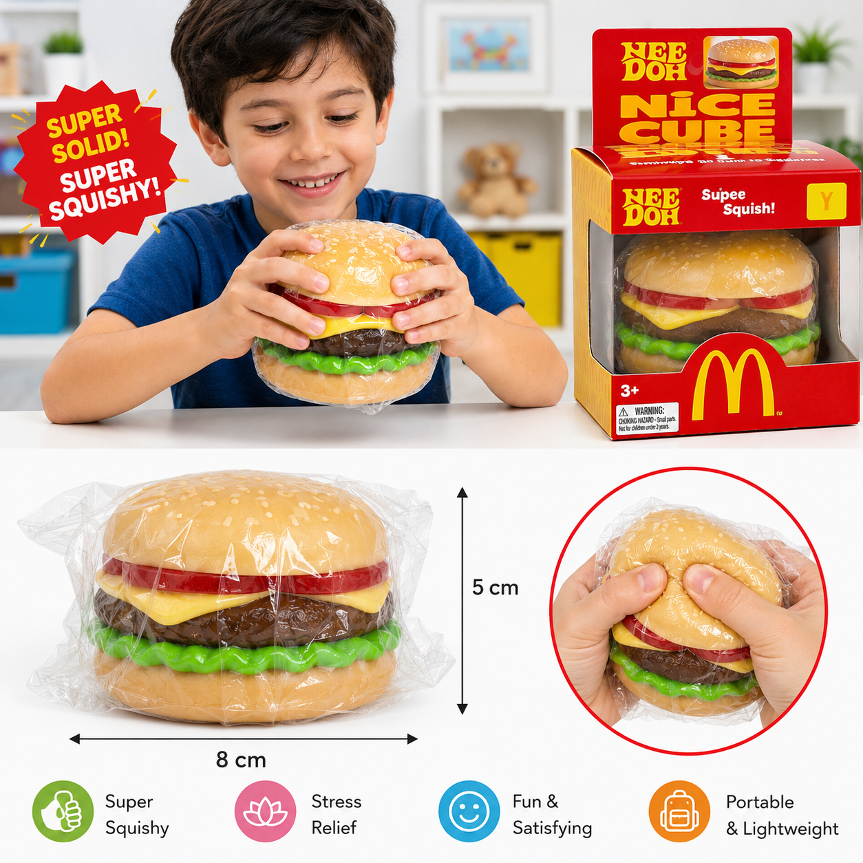 NeeDoh Nice Cube Burger Squishy Stress Toy – Soft Sensory Fidget Toy