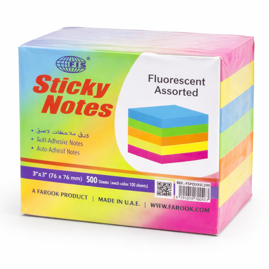 FIS Sticky Notes 3x3 Inch 500 Sheets Fluorescent Assorted Self Adhesive Notes