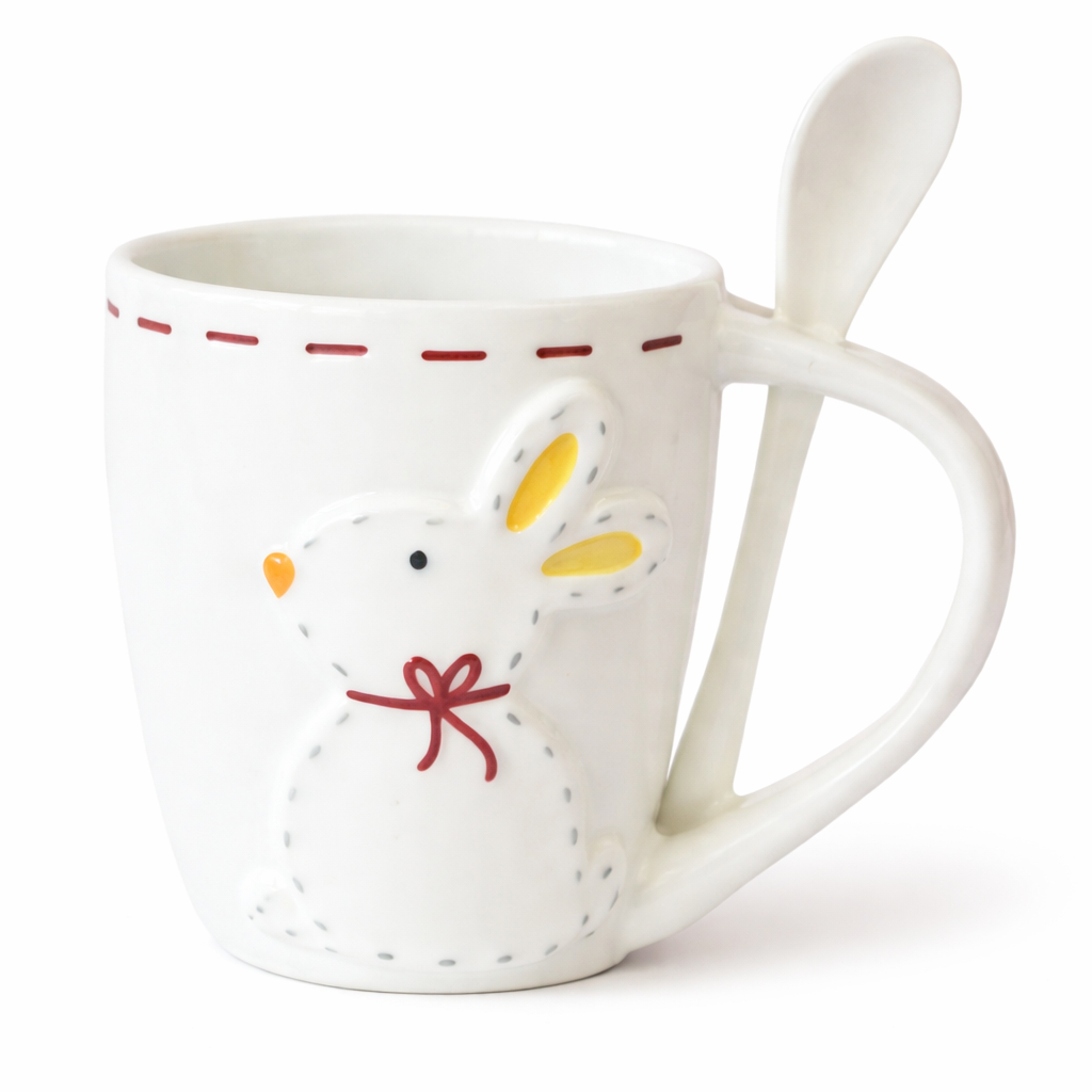 Easter Bunny Mug with Spoon – 12cm Ceramic Coffee Cup Gift