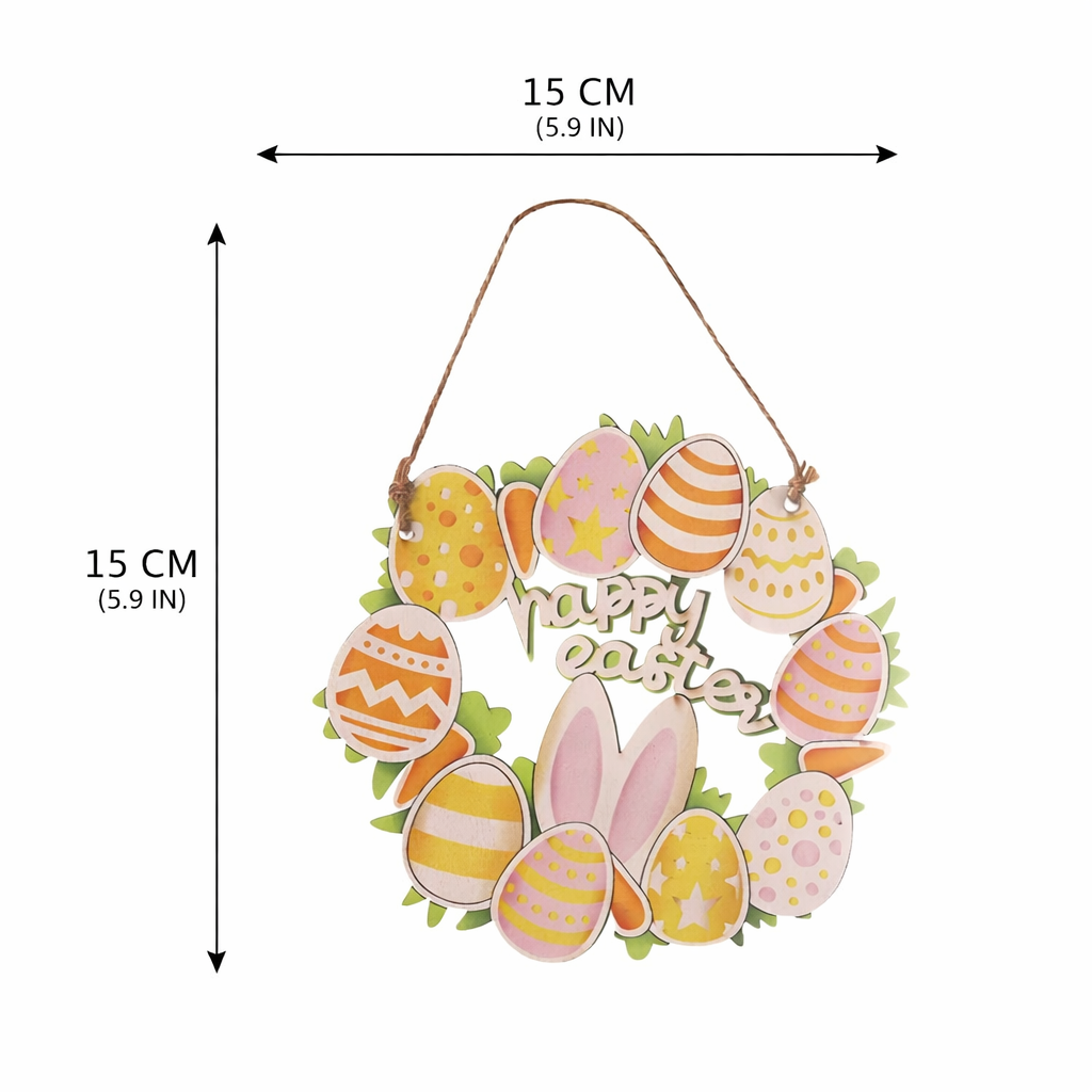Happy Easter Bunny Wreath Hanging Decor – Wooden Egg Door Sign 15cm