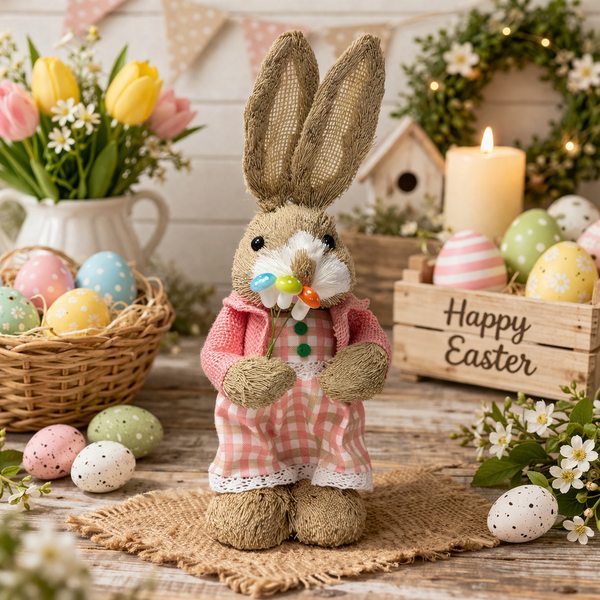 Rustic Easter Bunny Figurine 35cm – Straw Rabbit Spring Home Decor