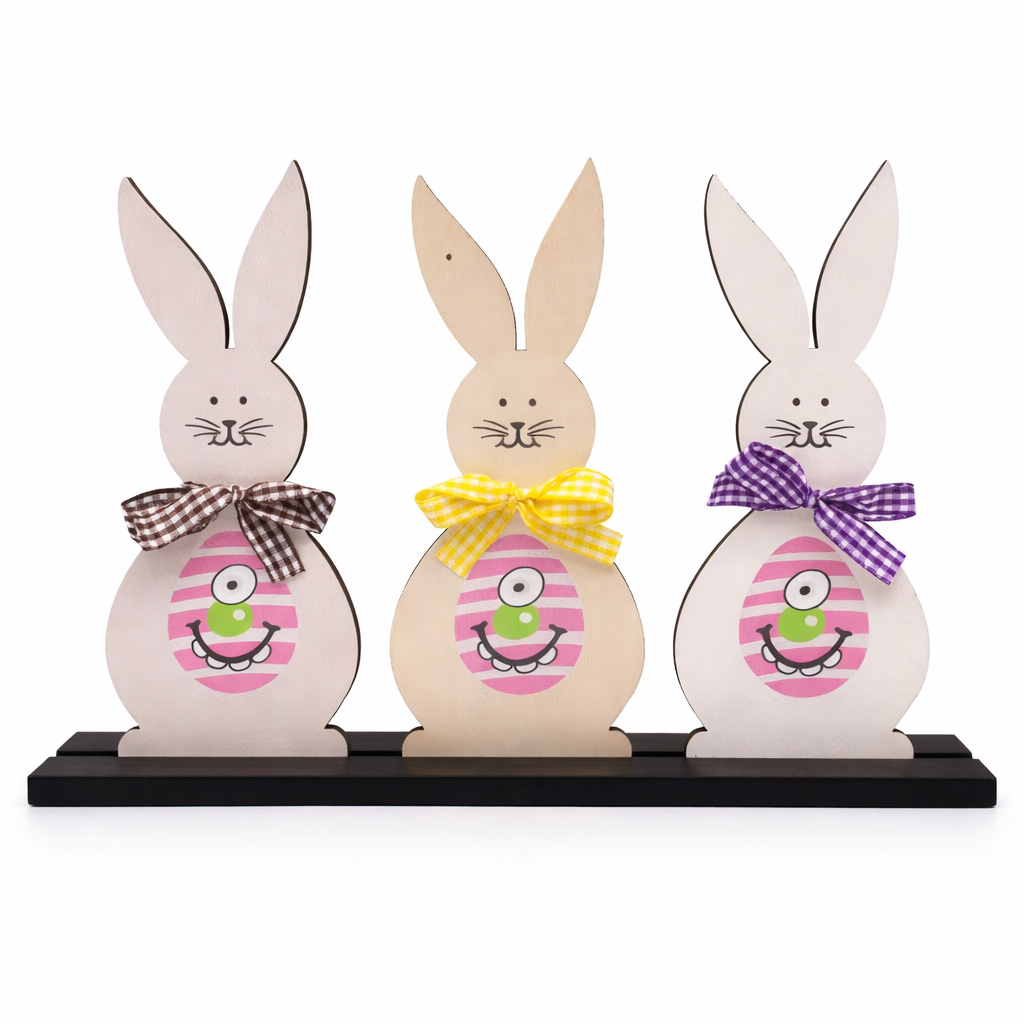 Easter Wooden Bunny Decor Set of 3 with Stand (30x20cm) – Spring Table Decoration