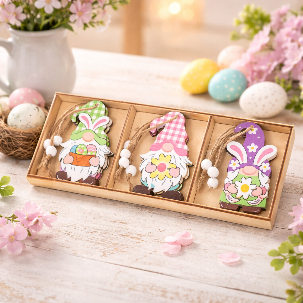 Easter Hanging Ornament Set – Wooden Bunny & Gnome Decorations (3 PCS, 21x9 cm)