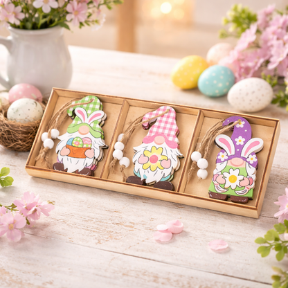 Easter Hanging Ornament Set – Wooden Bunny & Gnome Decorations (3 PCS, 21x9 cm)