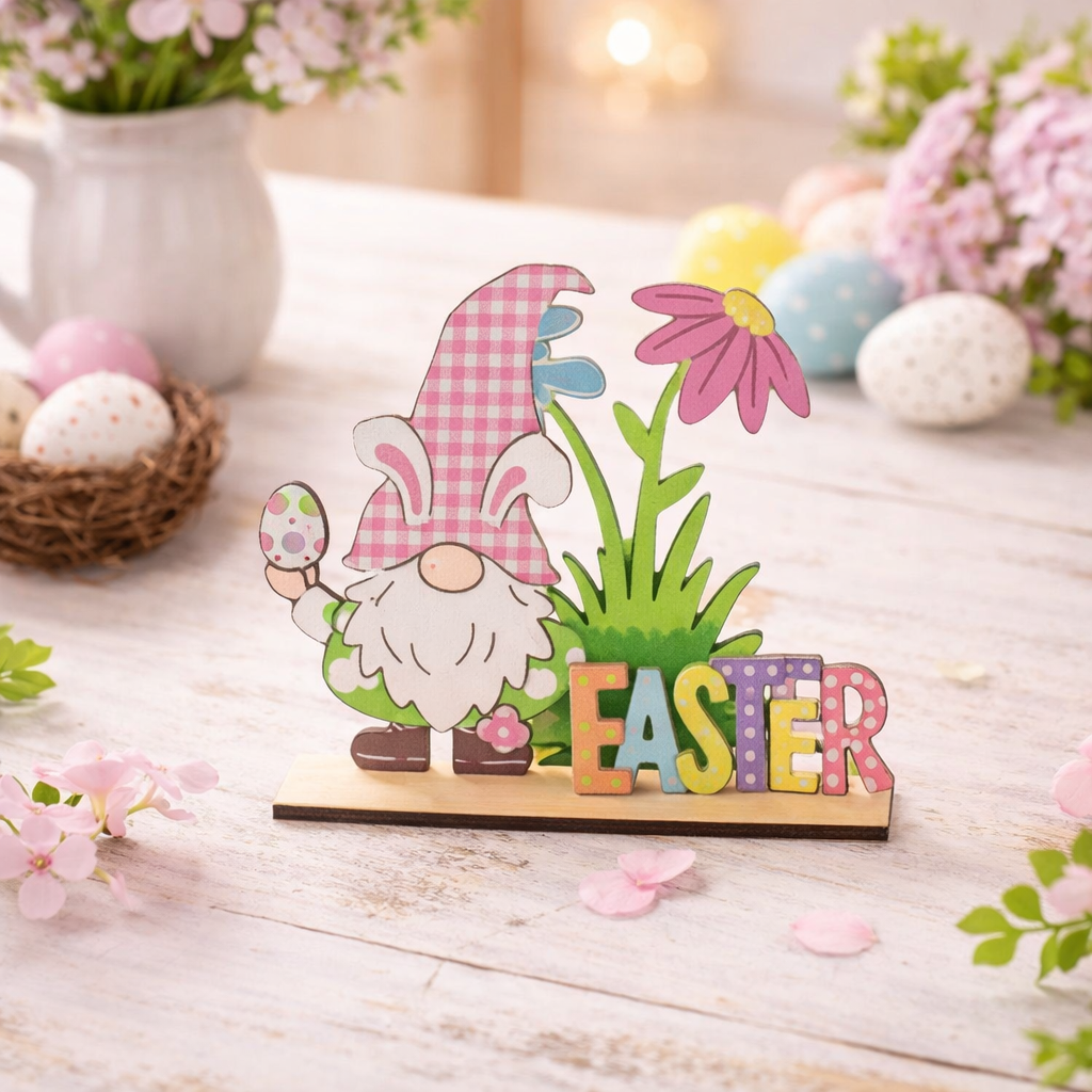 Easter Wooden Table Decoration – Bunny Gnome “EASTER” Sign (15x15 cm)