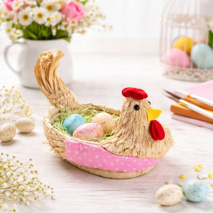 Easter Chicken Basket Decoration – Rustic Straw Egg Holder (Available in 15cm & 30cm Sizes)