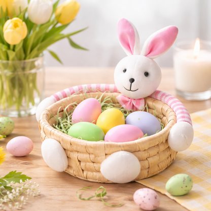 Easter Bunny Basket with Plush Rabbit – Woven Storage Basket (15cm / 20cm / 25cm Sizes)