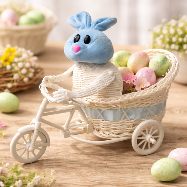 Easter Bunny Tricycle Basket with Plush Rabbit – Decorative Gift Basket with Wheels (30cm)