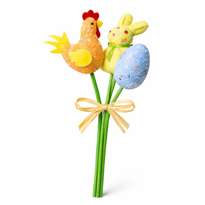 Easter Decoration Picks Set (3 Pcs) 40cm – Bunny, Egg & Chicken Spring Floral Decor Sticks