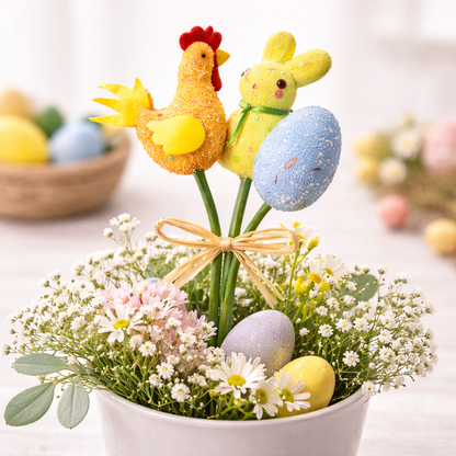 Easter Decoration Picks Set (3 Pcs) 40cm – Bunny, Egg & Chicken Spring Floral Decor Sticks