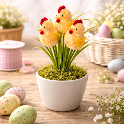 Easter Chick Floral Pick 40cm – 3 Chick Spring Decoration Stick for Baskets, Vases & Easter Arrangements