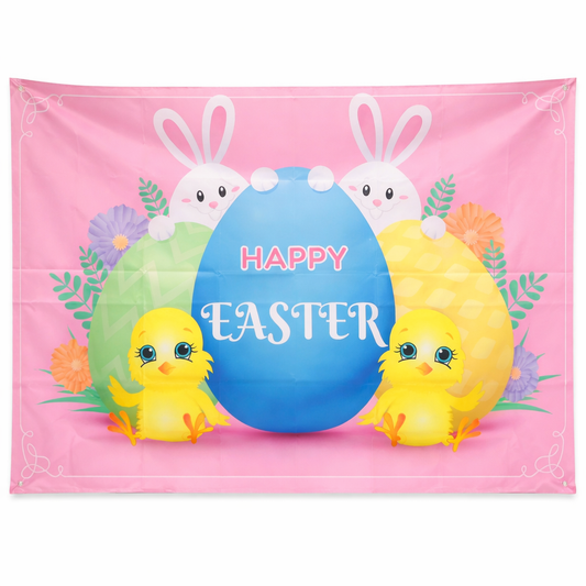 Happy Easter Banner Backdrop 150×90cm – Bunny & Egg Party Decoration for Wall, Photo Booth & Event Decor