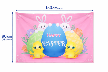 Happy Easter Banner Backdrop 150×90cm – Bunny & Egg Party Decoration for Wall, Photo Booth & Event Decor