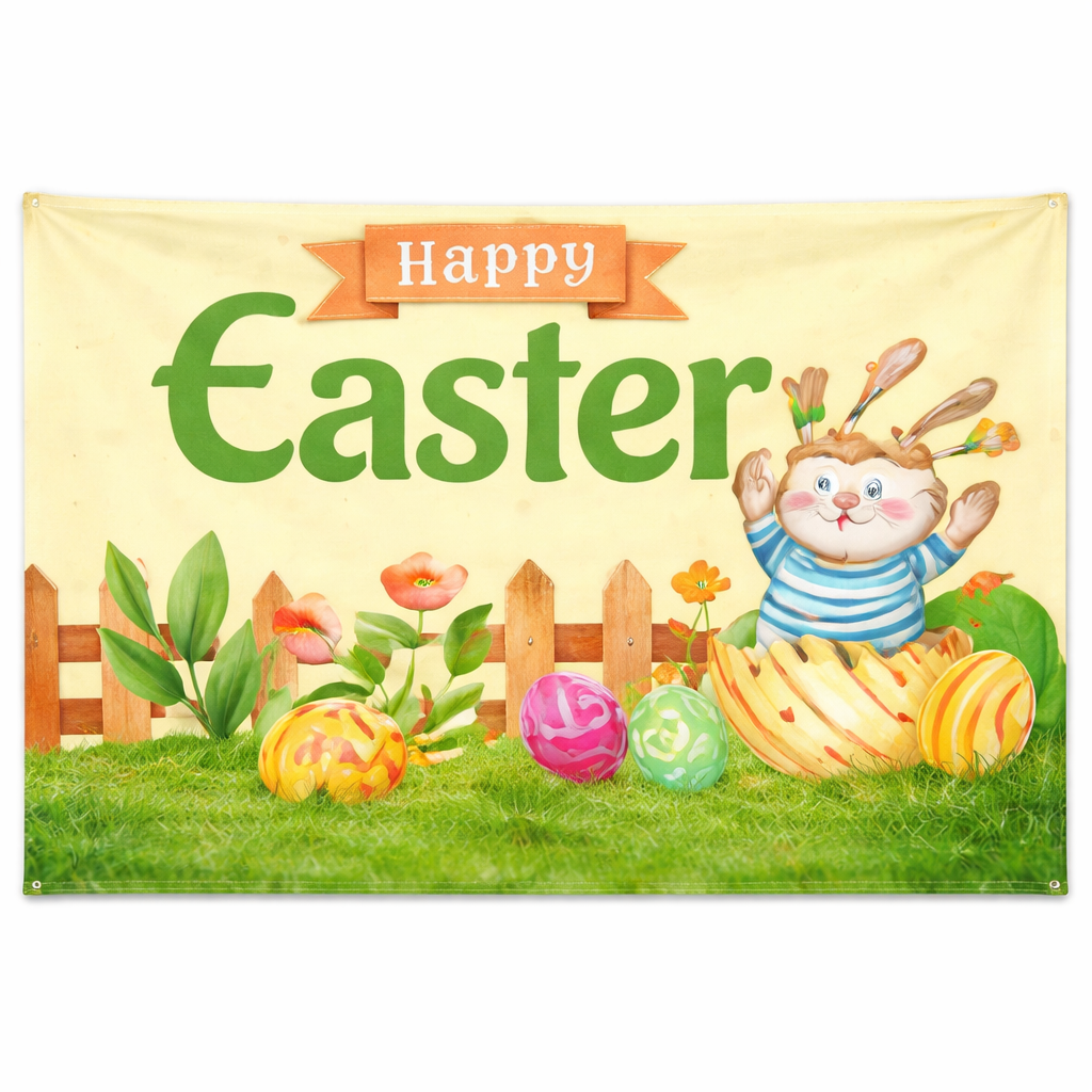 Happy Easter Bunny Banner Backdrop 150×90cm – Cartoon Rabbit Party Decoration for Kids, Wall & Photo Booth Decor