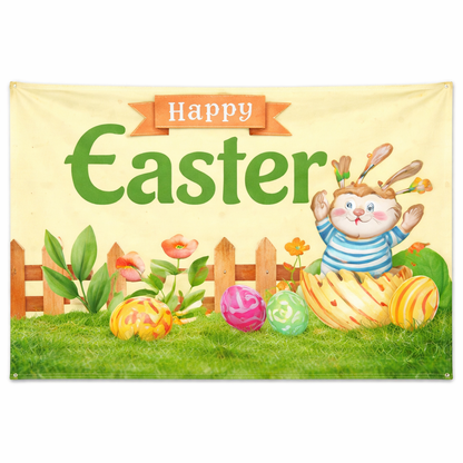 Happy Easter Bunny Banner Backdrop 150×90cm – Cartoon Rabbit Party Decoration for Kids, Wall & Photo Booth Decor