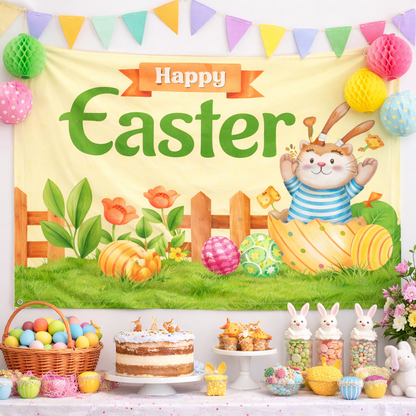 Happy Easter Bunny Banner Backdrop 150×90cm – Cartoon Rabbit Party Decoration for Kids, Wall & Photo Booth Decor