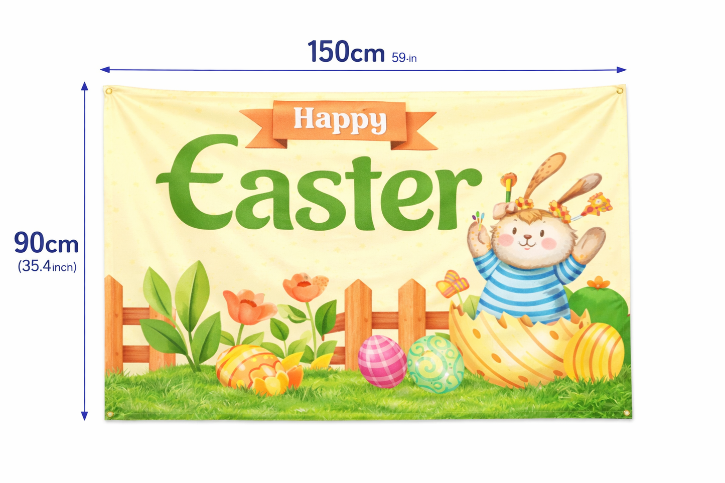 Happy Easter Bunny Banner Backdrop 150×90cm – Cartoon Rabbit Party Decoration for Kids, Wall & Photo Booth Decor