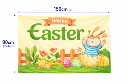 Happy Easter Bunny Banner Backdrop 150×90cm – Cartoon Rabbit Party Decoration for Kids, Wall & Photo Booth Decor