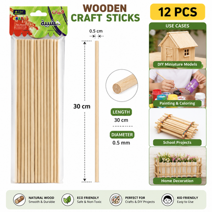 Wooden Craft Sticks for DIY Art & Craft Projects – 30 cm x 0.5 cm Natural Wood Sticks, Pack of 12