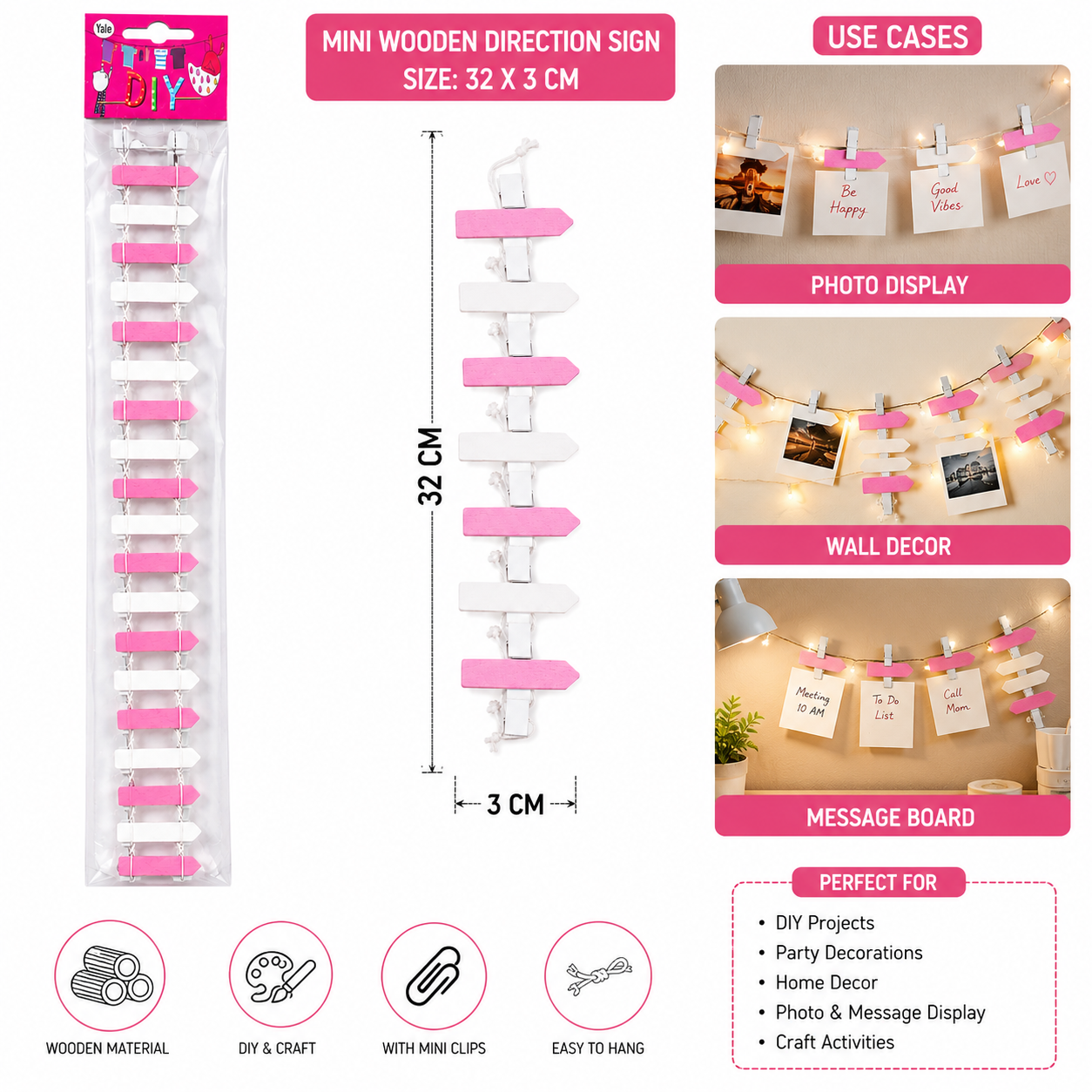 Wooden Direction Sign Clips Garland for DIY Crafts & Decoration – Pink & White – 32 x 3 cm