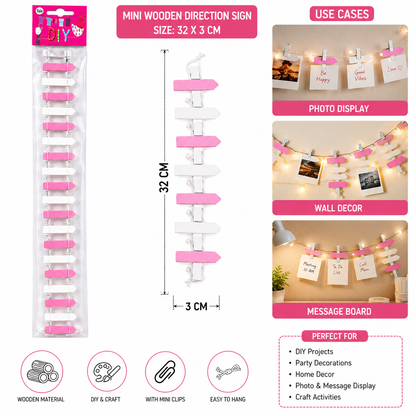 Wooden Direction Sign Clips Garland for DIY Crafts & Decoration – Pink & White – 32 x 3 cm