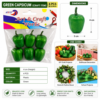Artificial Mini Green Capsicum Craft Decoration – Small Plastic Bell Pepper Models, 4 cm, Pack of 6