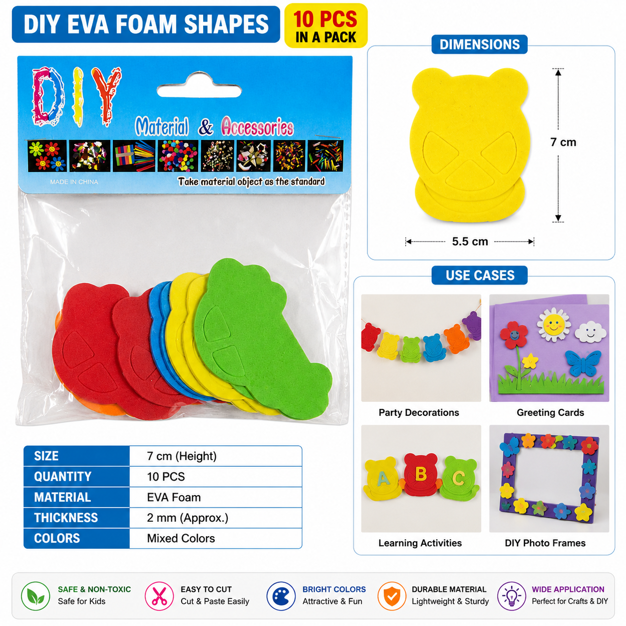DIY EVA Foam Animal Shapes for Kids Crafts – Colorful Foam Cutouts, 7 cm, Pack of 10