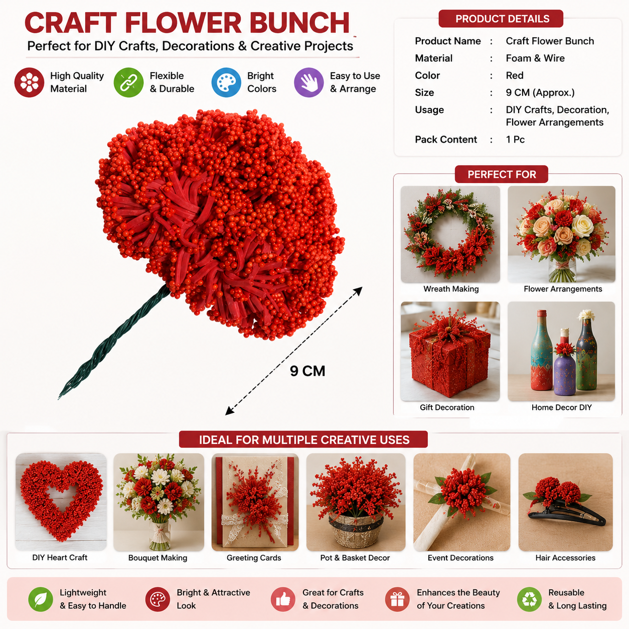 Artificial Mini Berry Flower Bunch for DIY Crafts & Decoration – Red Decorative Floral Craft Stem