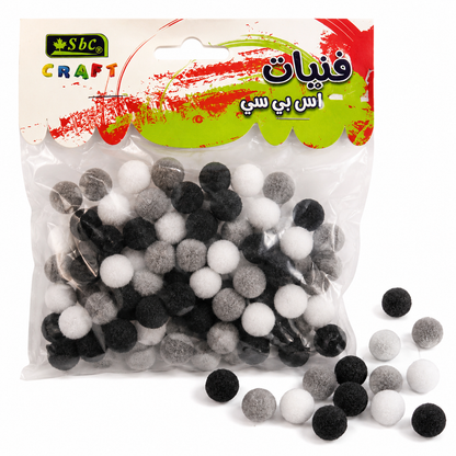Soft Craft Pom Pom Balls for DIY Art & Decoration – Black, White & Grey – 1 cm – 50+ Pieces Pack