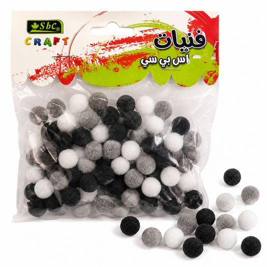 Soft Craft Pom Pom Balls for DIY Art & Decoration – Black, White & Grey – 1 cm – 50+ Pieces Pack