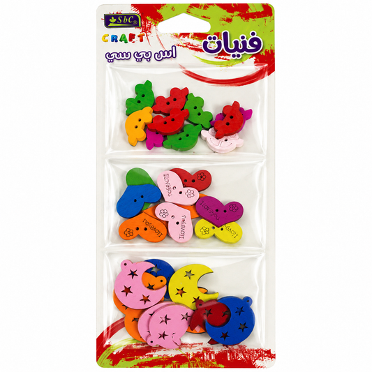 Wooden Craft Buttons Set for DIY Art & Sewing Projects – Mixed Shapes & Colors, 3 Designs, 30 PCS Total