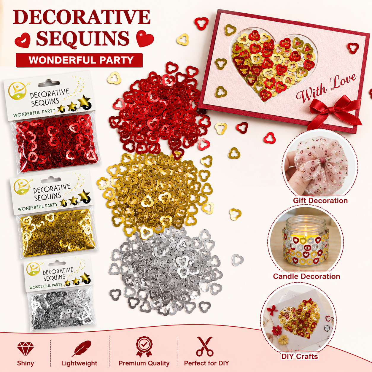 Heart Shape Decorative Sequins for DIY Crafts & Party Decoration – Metallic Craft Sequins, Gold, Red & Silver Variations