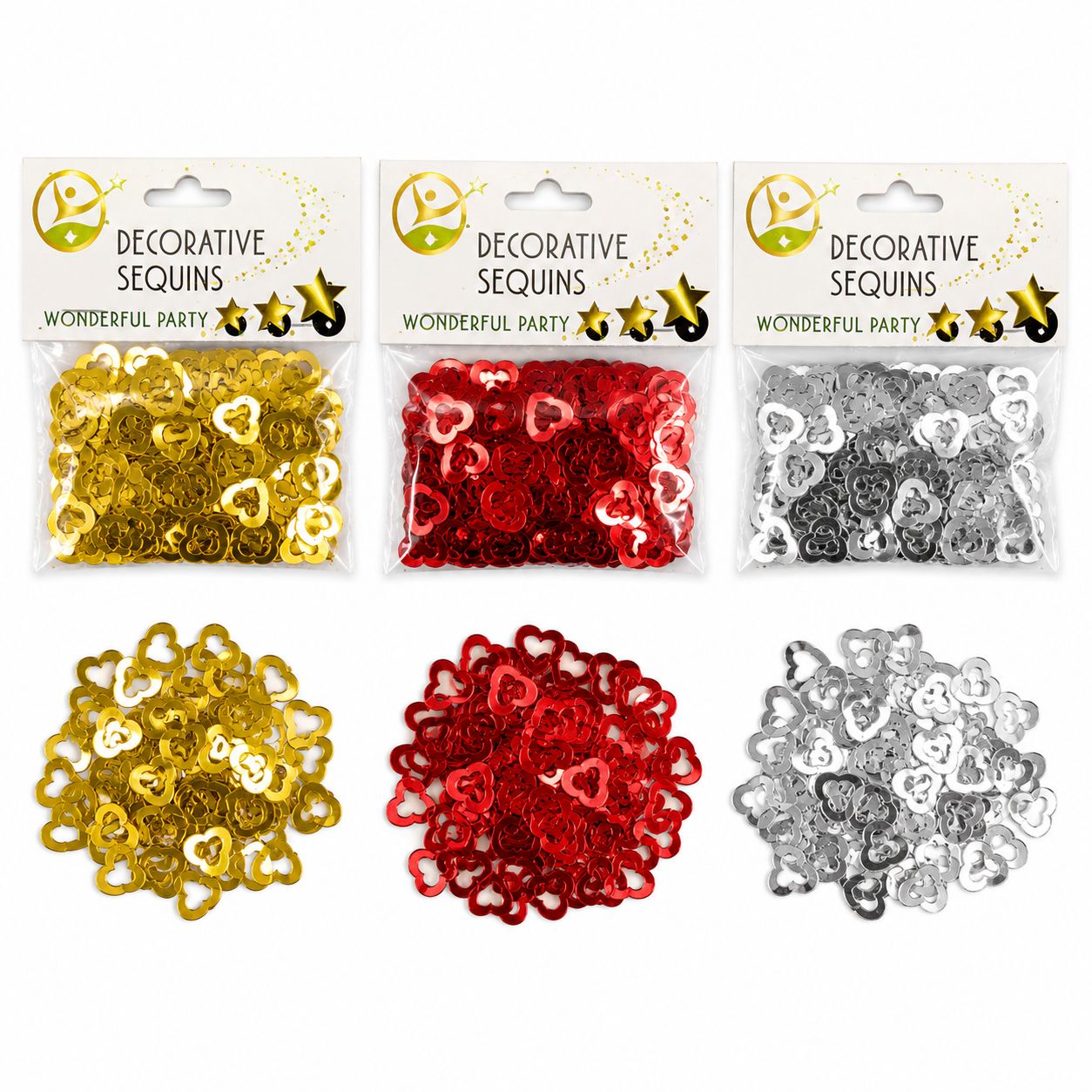 Heart Shape Decorative Sequins for DIY Crafts & Party Decoration – Metallic Craft Sequins, Gold, Red & Silver Variations