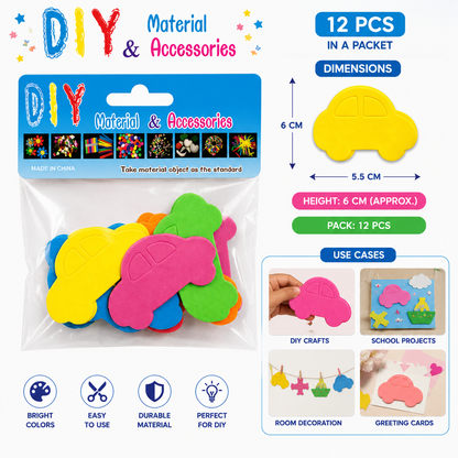 Colorful Foam Car Craft Shapes for DIY Art & School Projects – EVA Foam Car Cutouts, 6 cm, Pack of 12