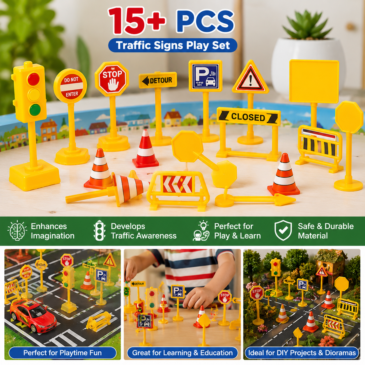 Mini Traffic Road Sign Toy Set for Kids – Assorted Road Safety Signs & Signals for Educational Play, Pack of 15+ PCS