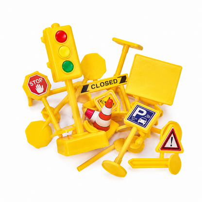 Mini Traffic Road Sign Toy Set for Kids – Assorted Road Safety Signs & Signals for Educational Play, Pack of 15+ PCS