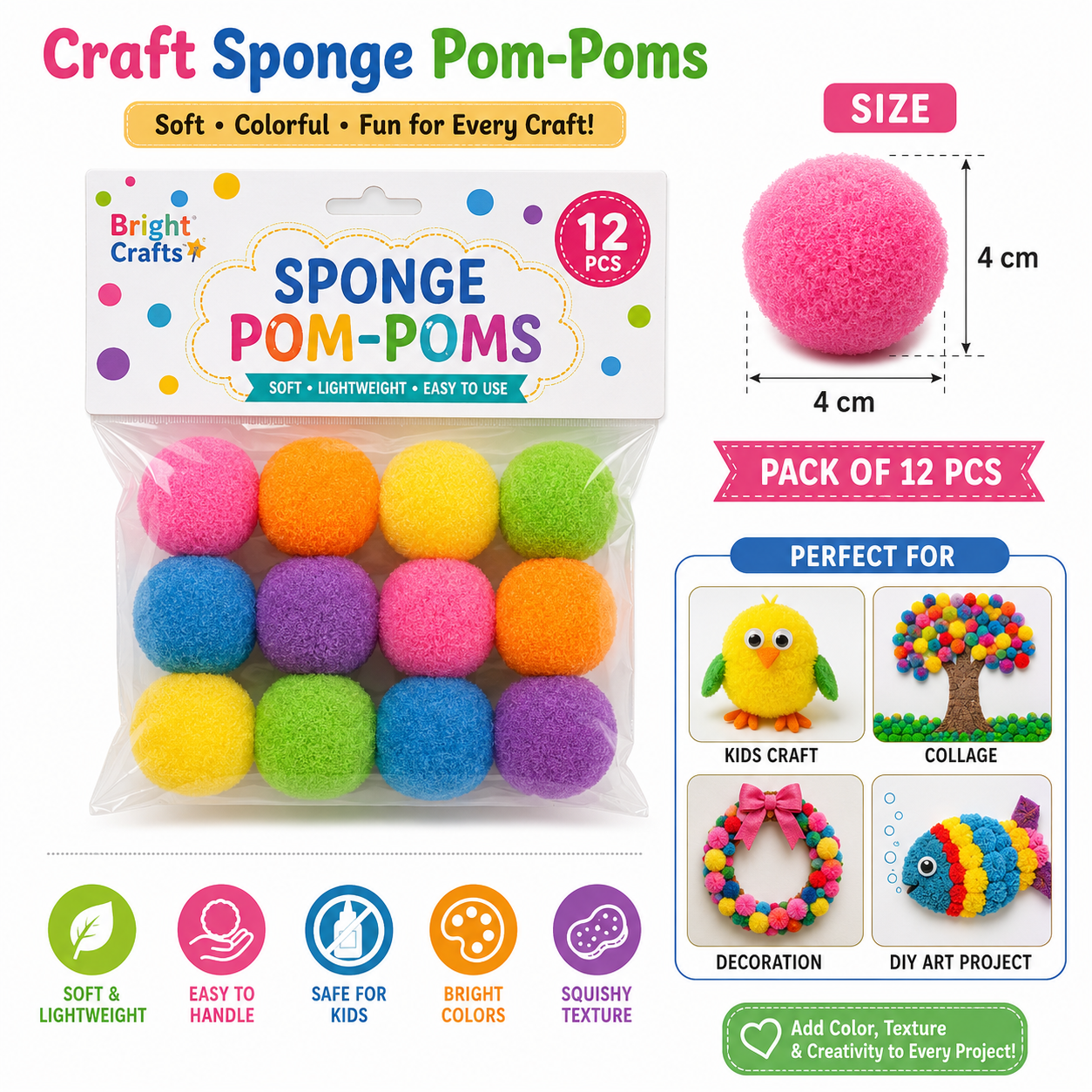 Colorful Craft Sponge Pom Poms for DIY Art Projects – Soft Foam Balls, 4 cm, Pack of 12