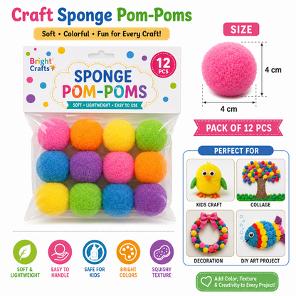 Colorful Craft Sponge Pom Poms for DIY Art Projects – Soft Foam Balls, 4 cm, Pack of 12
