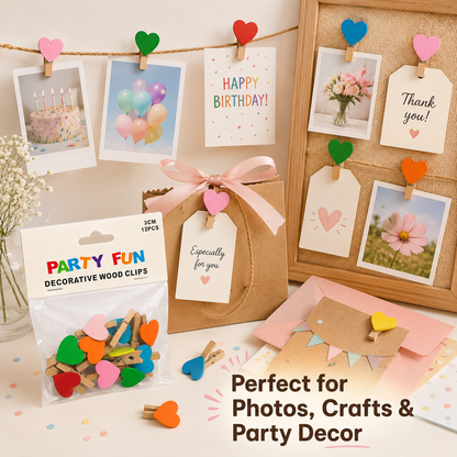 Party Fun Heart Decorative Wooden Clips 3cm Pack of 12 for Crafts