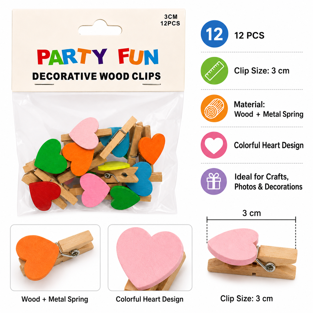 Party Fun Heart Decorative Wooden Clips 3cm Pack of 12 for Crafts