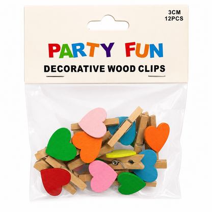 Party Fun Heart Decorative Wooden Clips 3cm Pack of 12 for Crafts