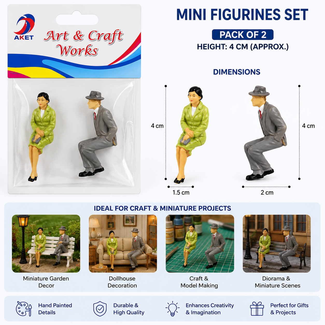 Mini Sitting People Figurines 4cm Pack of 2 for Crafts and Dioramas
